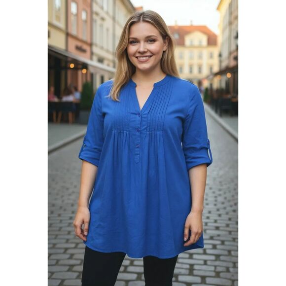 Woman Within Women's blue perfect pintucket tunic size 4x roll tab sleeve plus - Picture 1 of 10